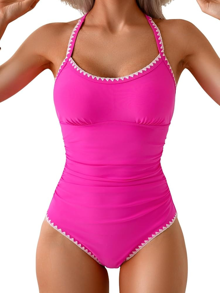 Eomenie Women's One Piece Swimsuit Tummy Control Slimming Bathing Suit Ruched Swimwear Tie Back S... | Amazon (US)