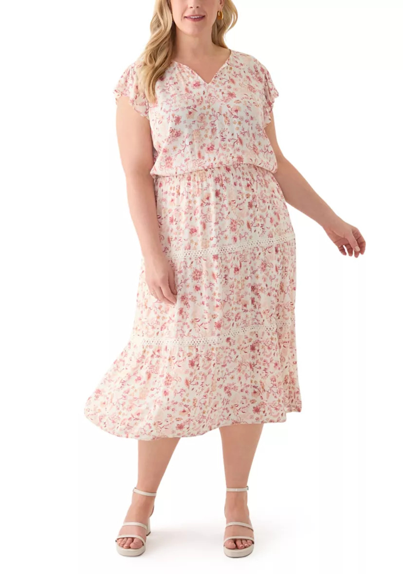 Plus Size Flutter Sleeve Split Neck Floral Gauze Midi Dress | Belk