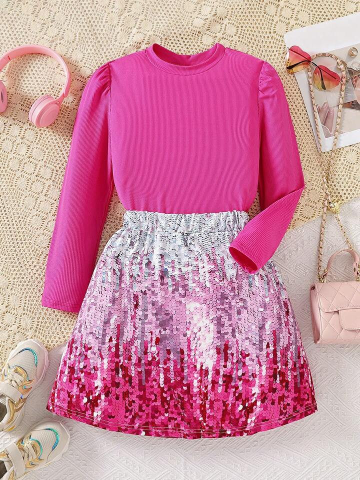 SHEIN Kids EVRYDAY Tween Girls Puff Sleeve Tee & Skirt | SHEIN