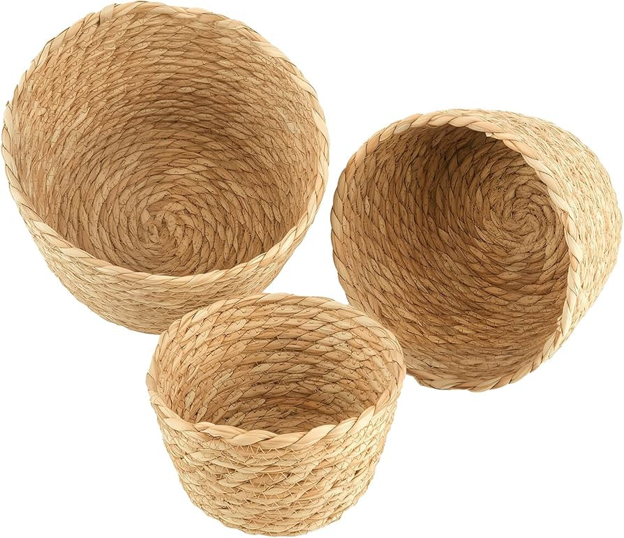 3-Piece Woven Storage Baskets, Natural Rush Nesting Bins for Organizing, Round Decorative Boho Ba... | Amazon (US)
