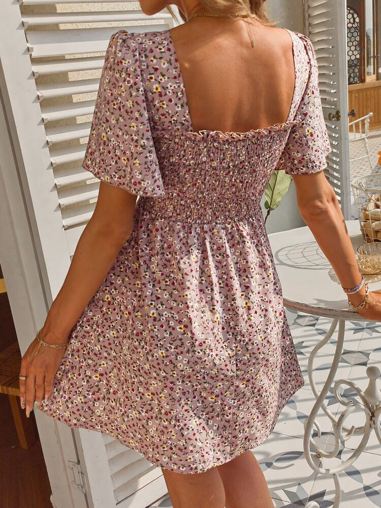 Ditsy Floral Print Square Neck Shirred Dress | SHEIN