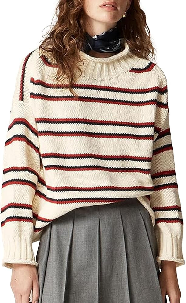 Oversized Sweaters for Women Roll High Neck Hem Long Sleeve Soft Chunky Cable Knit Striped Pullov... | Amazon (US)