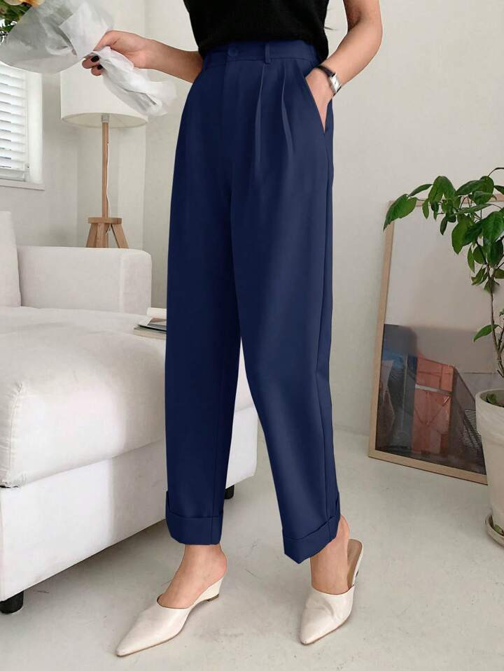 DAZY Women's Solid Color Pleated Straight Leg Casual Trousers | SHEIN