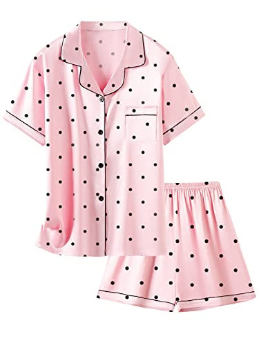 Kids Pajamas Girls, 2 Pcs Sleepwear Short Sleeve Stain Summer Pajama Set Silk Pjs for Teen Girls, Pink Dots, 11-12 Years | Amazon (US)