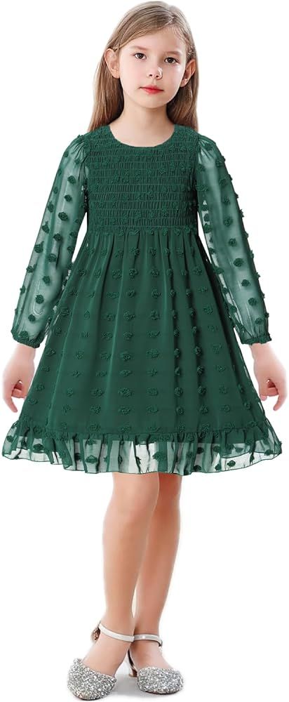 Girls Chiffon Dress Swiss Dot Solid Pom Poms Flutter Ruffle Skirt Hem Long Sleeve Lace Frocks 5-1... | Amazon (US)