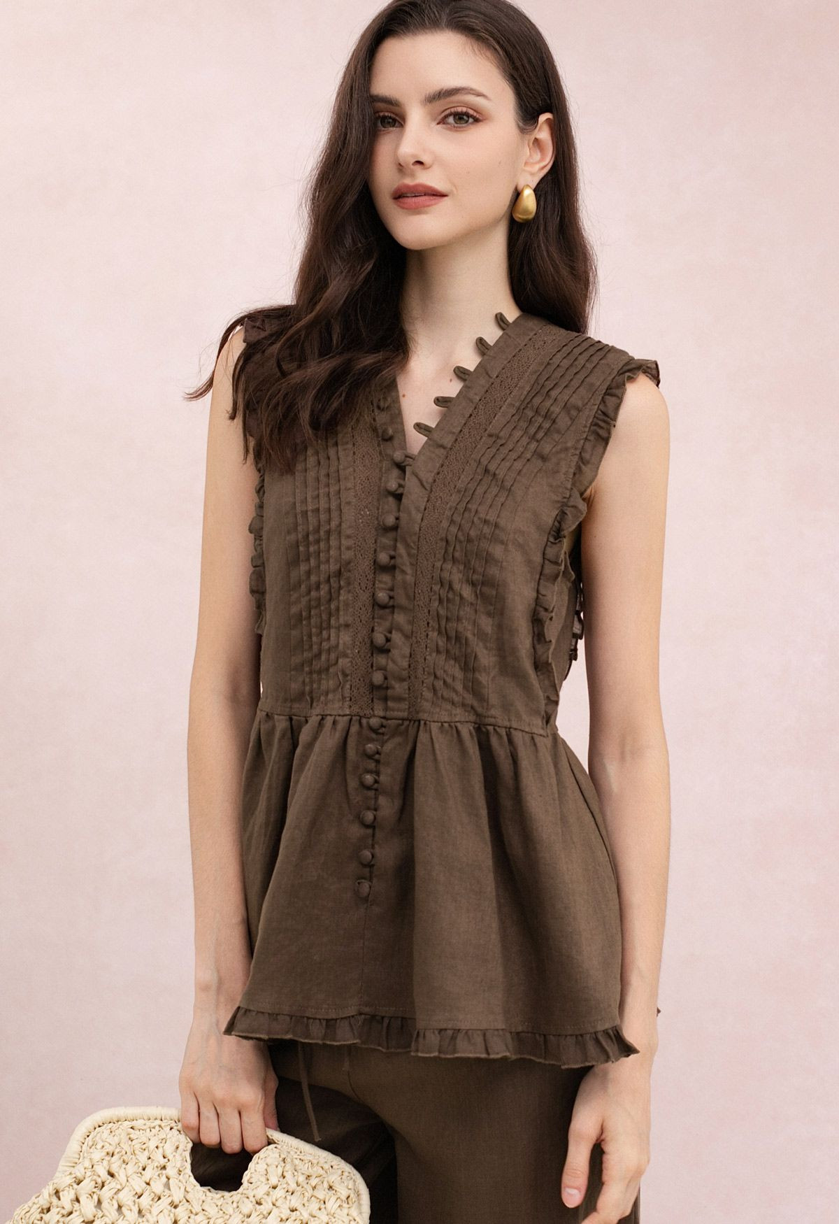 Button-Front Pintuck Peplum Top and Palazzo Pants Set in Brown for Gatherings & Daytime Events | Chicwish