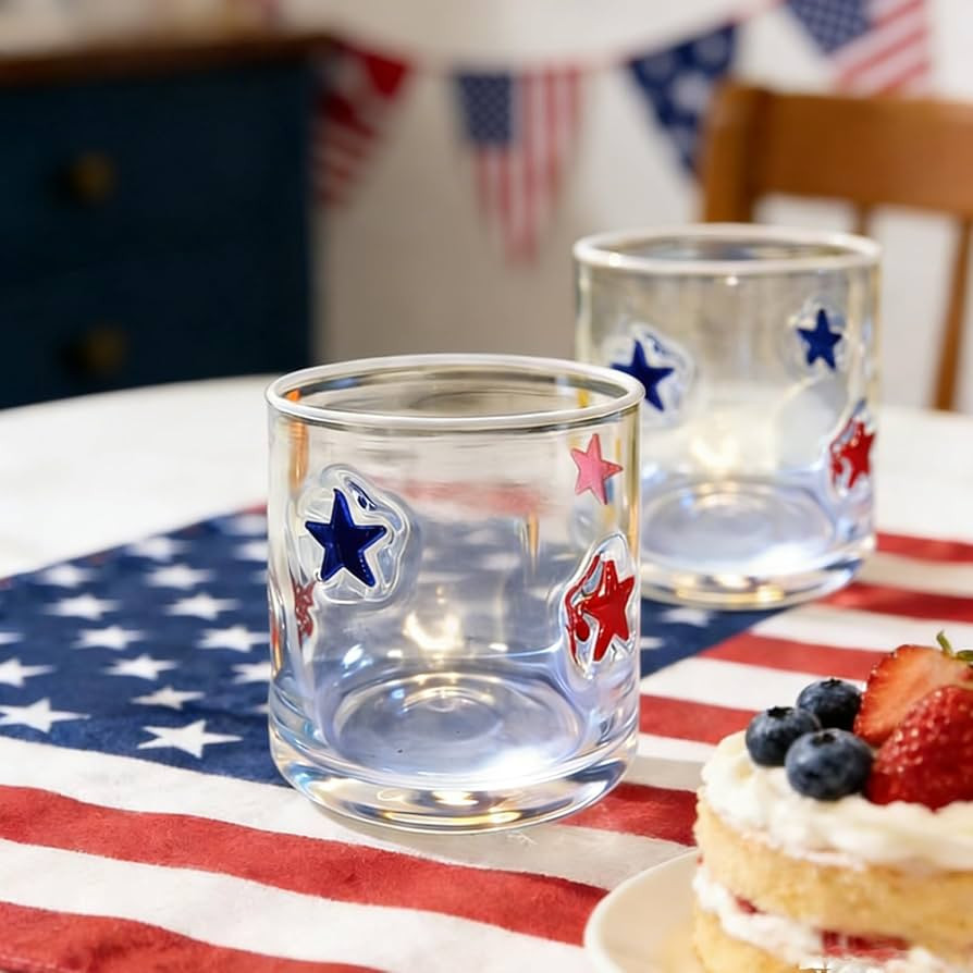 Whaline 2 Pcs Patriotic Icon Juice Glass 14 Oz Red Blue Star Stemless Wine Glass Independence Day... | Amazon (US)