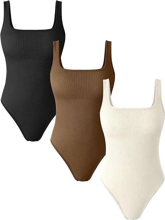 OQQ Women's 3 Piece Bodysuits Sexy Ribbed Square Neck Basic Stretch Tank Tops Bodysuits | Amazon (US)