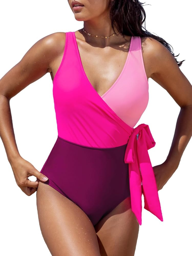 CUPSHE Women's One Piece Swimsuit Wrap Color Block Tie Side Bathing Suit | Amazon (US)