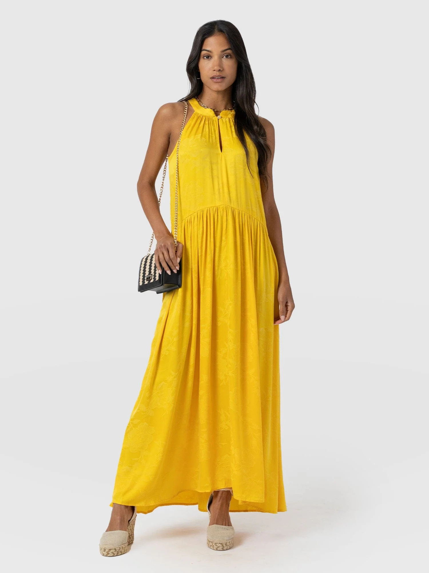 Zoey Halter Neck Dress - Yellow Jacquard | Saint + Sofia