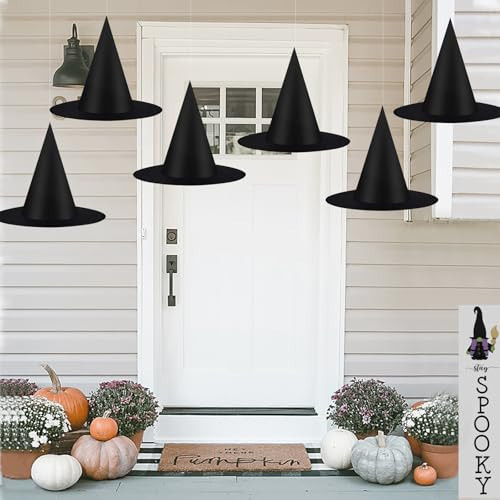 6 PCS Halloween Decorations Black Witches Hats Costume Accessory, Hanging Wizard Hats Bulk for Women with 115 FT Rope, Floating Front Porch Home Yard Indoor Outdoor Hats Decor Party Supplies | Amazon (US)