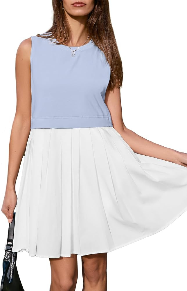 BerryGo Womens Summer Sweatshirt Dresses Sleeveless Casual Patchwork Flowy Pleated A Line Swing M... | Amazon (US)