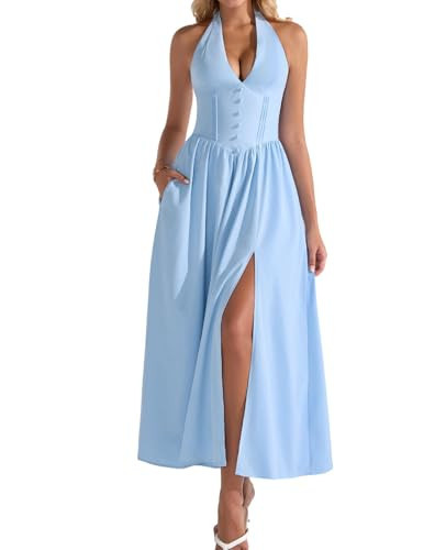 XinFSh Women's Summer Floral Halter Corset Wedding Guest Maxi Dress Flowy A Line Slit Long Tea Party Dresses with Pockets Blue | Amazon (US)