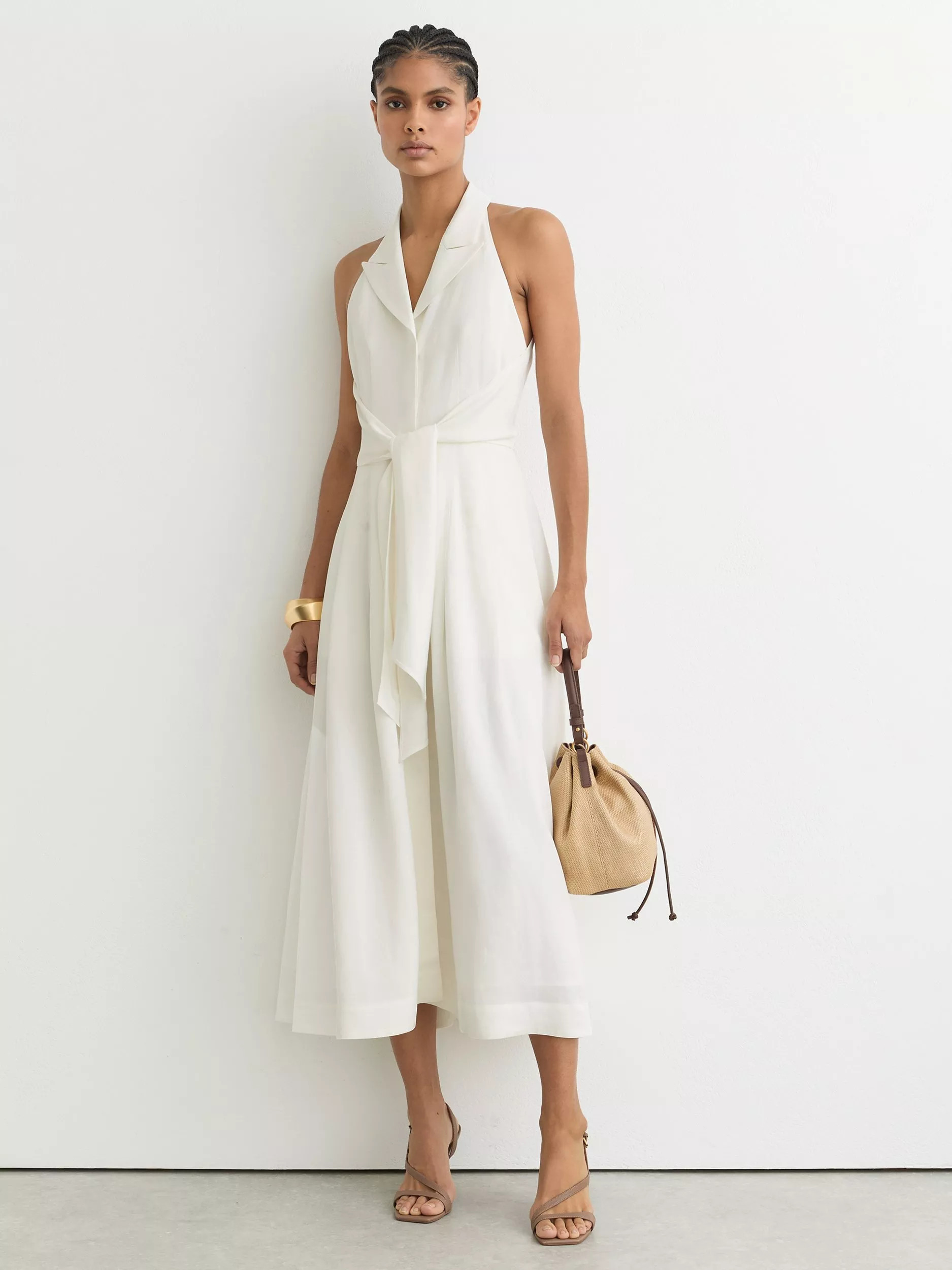 Reiss Tor Halterneck Tie Front Midi Dress, Ivory | John Lewis (UK)