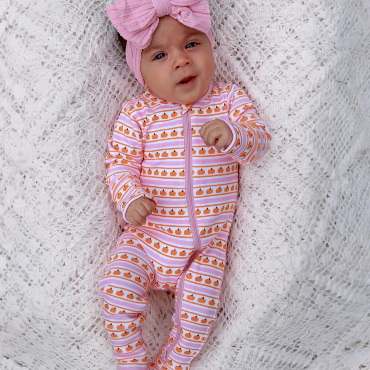 Pumpkin Stripe Pink / Organic 2-Way Zip Romper | SpearmintLOVE