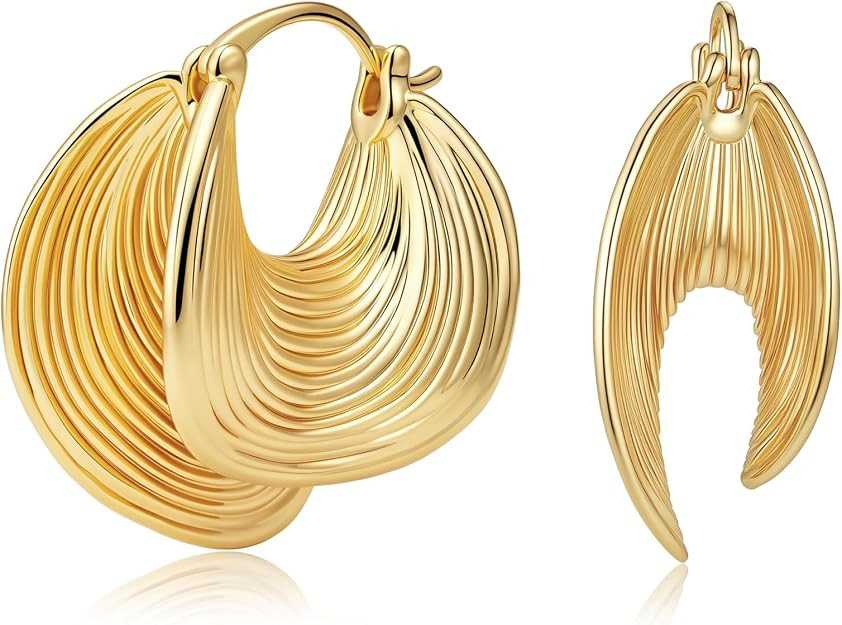 Small Hoop Earrings for Women Wide Half Huggie Hoops Chunky Hoop Earrings 18K Real Gold Plated 92... | Amazon (US)