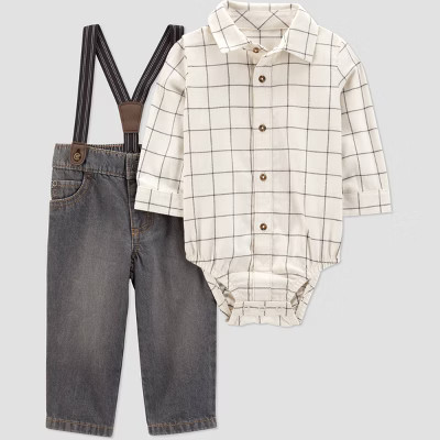 Carter's Just One You® Baby Boys' 2pc Plaid Suspender Top & Bottom Set - Ivory | Target