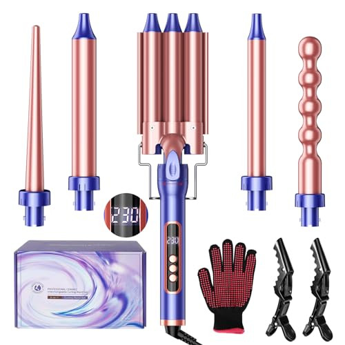 Lockenstab 3 Fässer Welleneisen und Verschiedenen Aufsätzen 9-25mm für Kleine Große Locken, Keramik-Turmalin Lockenwickler, LCD-Display 80-230°C, Schnelle Erwärmung, Multistyler 5 in 1 | Amazon (DE)