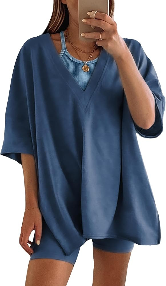 LTSCNRM 2 Piece Outfits for Women Reversible Oversized T Shirt Biker Shorts Sets Workout Tracksui... | Amazon (US)