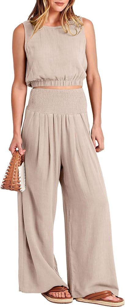 ANRABESS Women's Summer 2 Piece Outfits Linen Sleeveless Crop Tank Top Wide Leg Pants Lounge Matc... | Amazon (US)