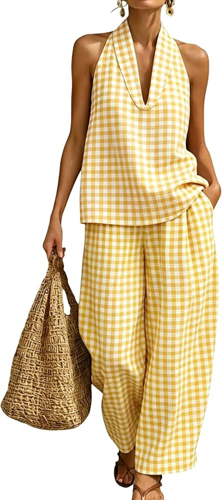 QIBABU Womens Summer Gingham 2 Piece Set Halter Neck Sleeveless Top Pant Sets Casual Cotton Loung... | Amazon (US)