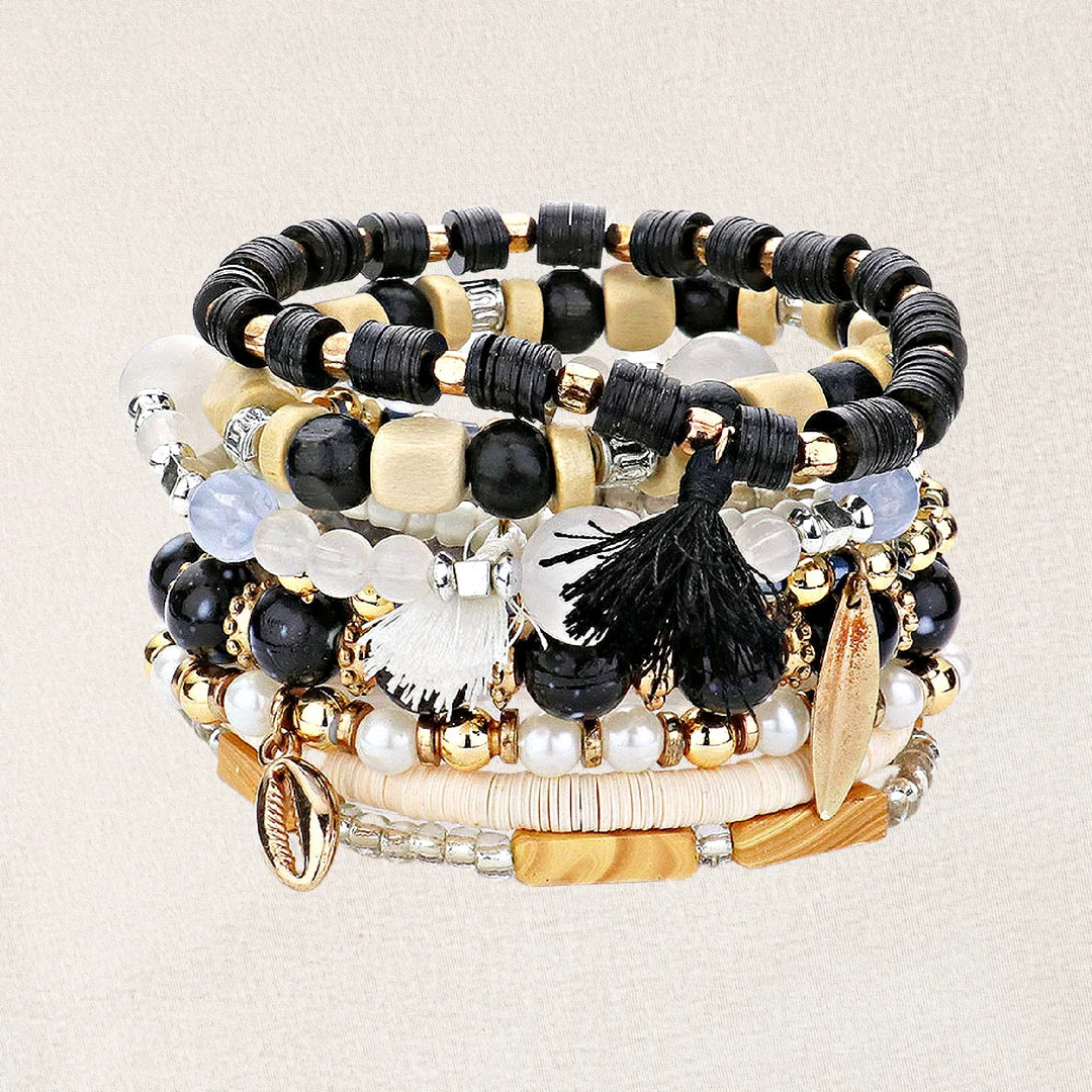 Amie 10 PC Black Multi-Color Beaded Boho Stretch Bracelet Set Shell Tassel Statement Stack | Etsy (US)