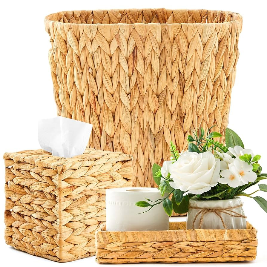 3 Pcs Bathroom Wicker Basket Set Wicker Trash Can Waste Paper Basket Rattan Tray Tissue Square Bo... | Amazon (US)