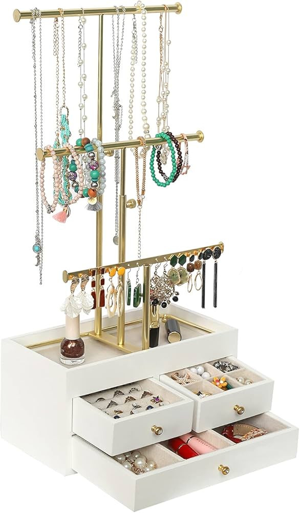 X-cosrack Jewelry Tree Stand Organizer 3 Tier Metal Jewelry Holder Stand with Wood Basic Storage ... | Amazon (US)