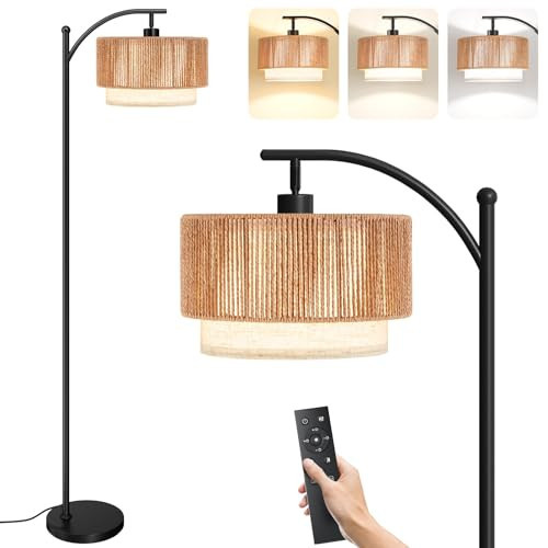 SUNMORY Floor Lamps for Living Room with 12W Remote and Dimmable Bulb, LED Arc Lamp, Farmhouse Floor Lamps with Adjustable Rattan & Fabric Shades, Boho Standing Lamp for Bedroom, Corner, Home Decor | Amazon (US)