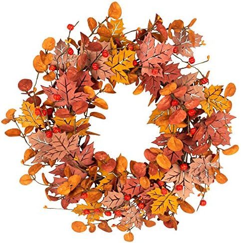 18 Inch Fall Wreath Front Door Wreath Autumn Wreath with Wood Maple Leaves Autumn Decorations w... | Amazon (US)