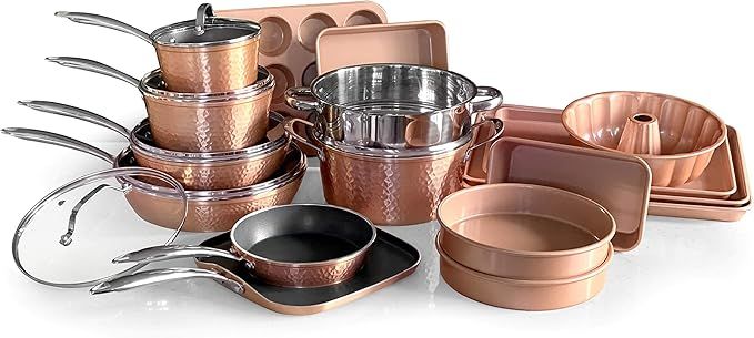 OrGREENiC Rose Hammered Cookware Collection - 22 Piece Set with Lids - Non-Stick Ceramic for Even... | Amazon (US)