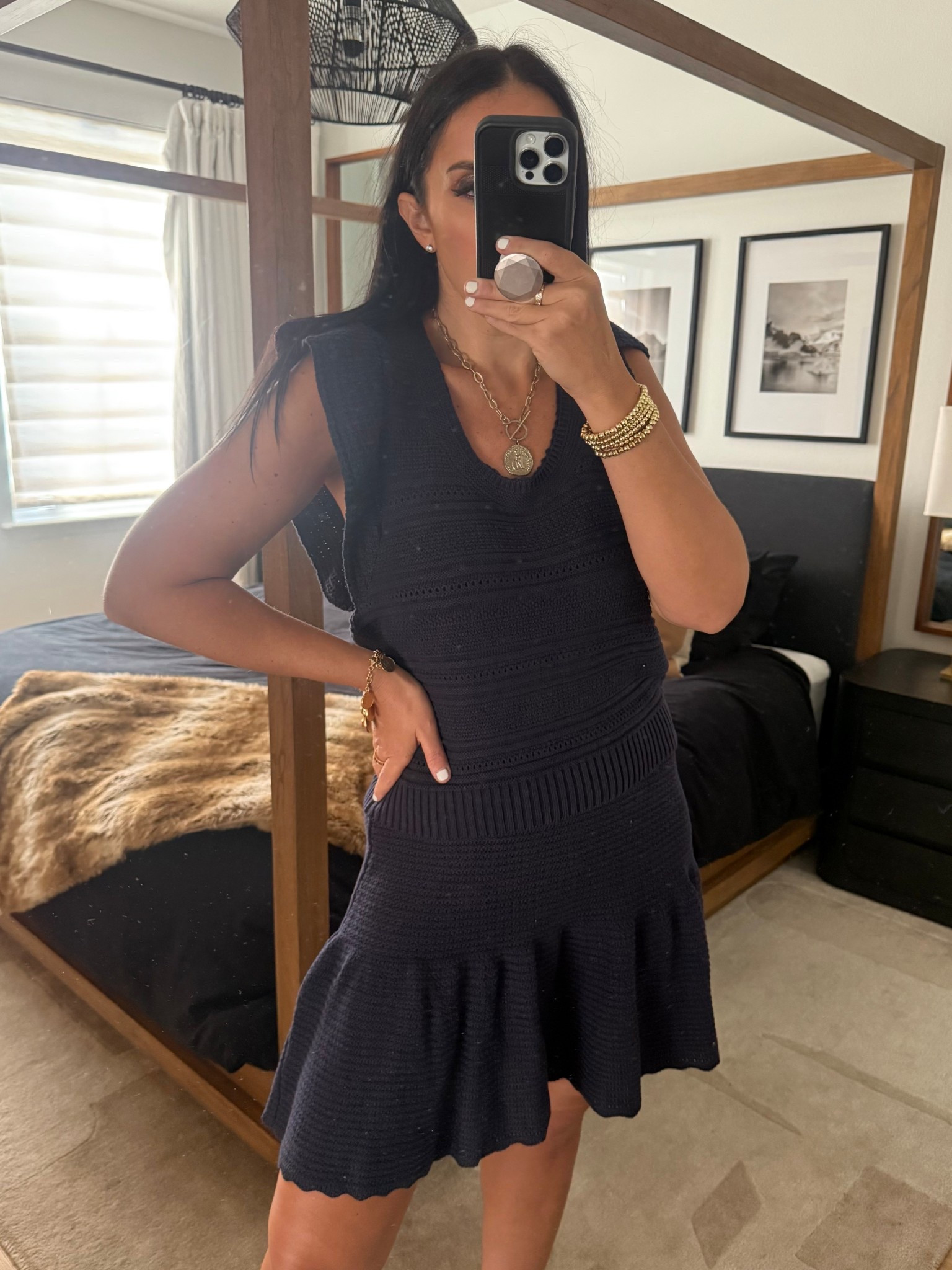 Pointelle Sweater Tank Top with Flutter Sleeves. Pointelle Sweater Mini Skirt
