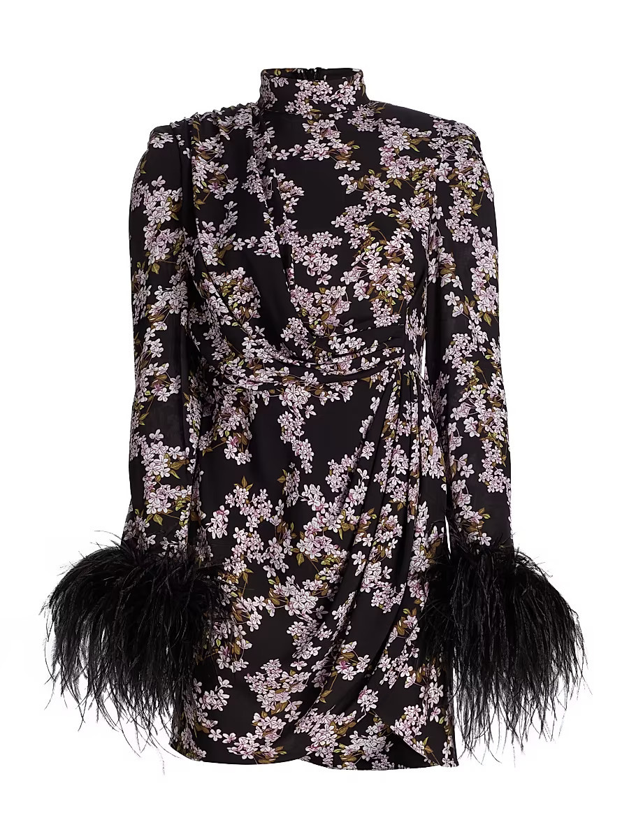 Women's Nadine Floral Feather-Cuff Minidress - Black Multi - Size Large | Saks Fifth Avenue