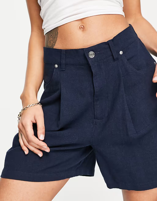 ASOS DESIGN dad short in navy linen | ASOS (Global)