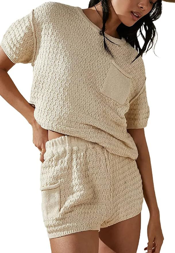 Women's Knit Shorts Two Piece Set Casual Lounge Wear Outfits Short Sleeve Knitted Sweater Top Tra... | Amazon (US)
