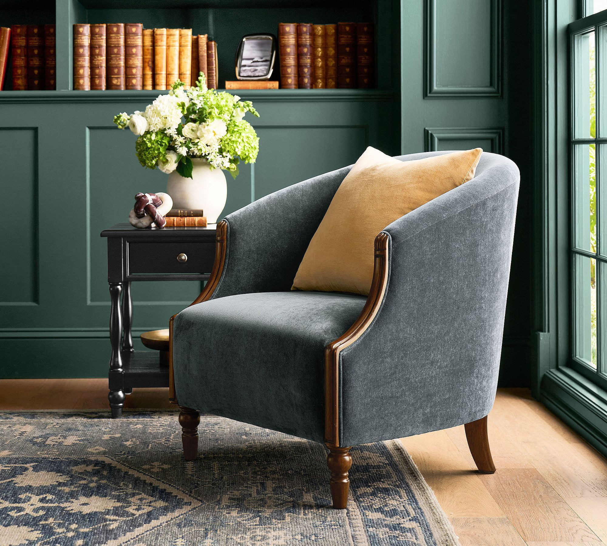 Florence Upholstered Armchair, Polyester Wrapped Cushions, Rustic Chenille Slate | Pottery Barn (US)