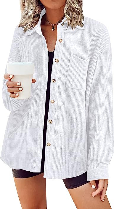 Hotouch Women Waffle Button Down Shirt Casual Long Sleeve Loose Fit Pink Button Blouse Shirt with... | Amazon (US)