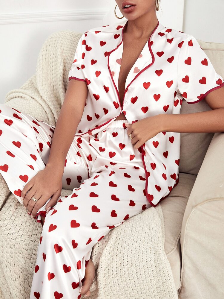 Heart Print Contrast Binding Satin Night Set | SHEIN