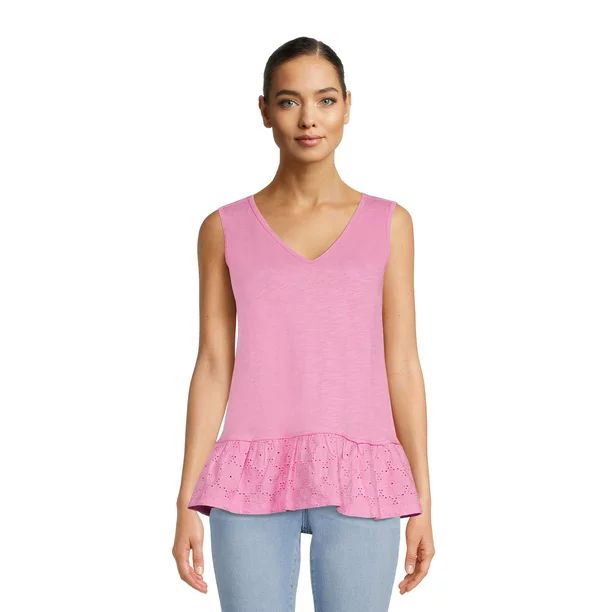 Time and Tru Women's Eyelet Ruffle Sleeveless Top | Walmart (US)