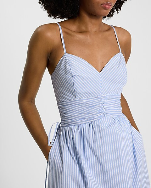 Striped V-neck Sleeveless Ruched Side Tie Midi Dress | Express