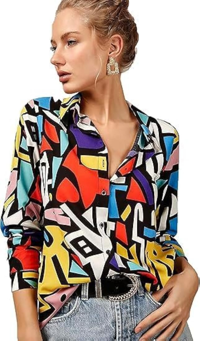 Women's Business Casual Tops Cute Long Sleeve Graphic Print Blouses Trendy Button Down Shirts | Amazon (US)
