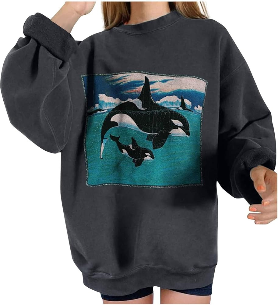 Mzkdieey Women Fantasy Ocean Sweatshirts Funny Whale Graphic Fleece Pullover Tops Long Sleeve Ove... | Amazon (CA)
