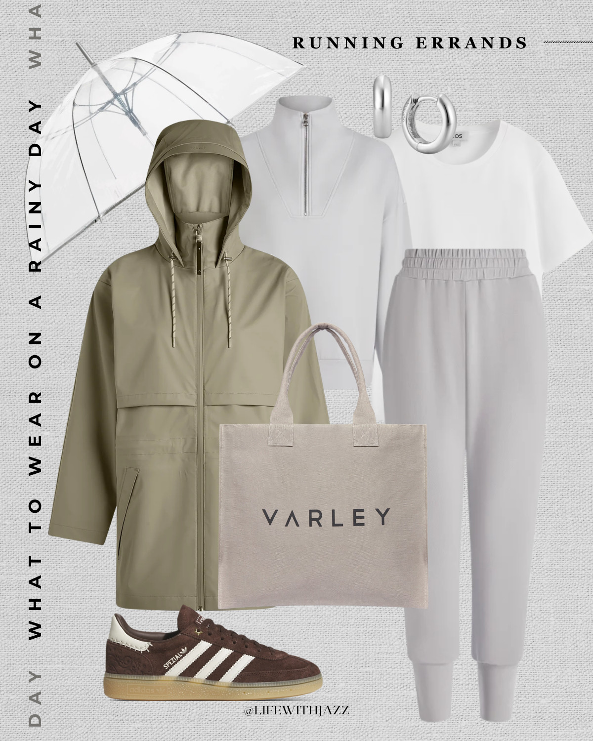 rainy day spring outfit inpso 

varley rain jacket / styling sage green / varley matching set / canvas tote / adidas handball spezial sneakers / running errands outfit 

 

#LTKootd