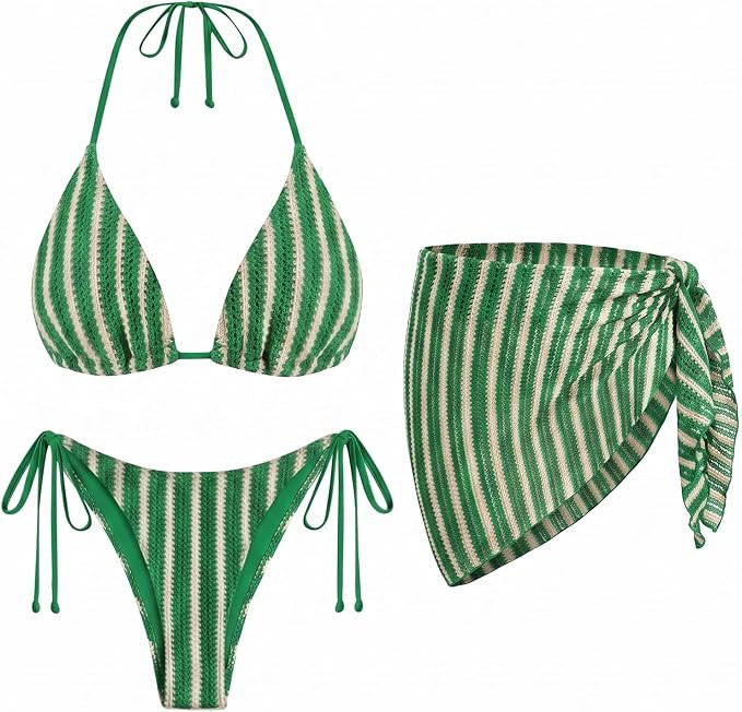 Women's 3 Piece Sexy Triangle Crochet Bikini Set - Halter Tie Side Swimsuit with Cover Up for Bea... | Amazon (US)