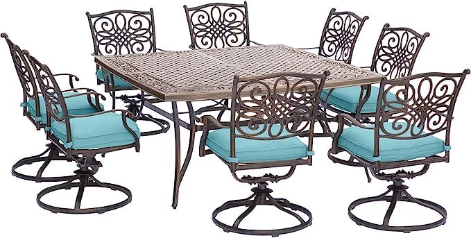 Hanover Traditions 9-Piece Rust-Free Aluminum Outdoor Patio Dining Set with Blue Cushions, 8 Swiv... | Amazon (US)