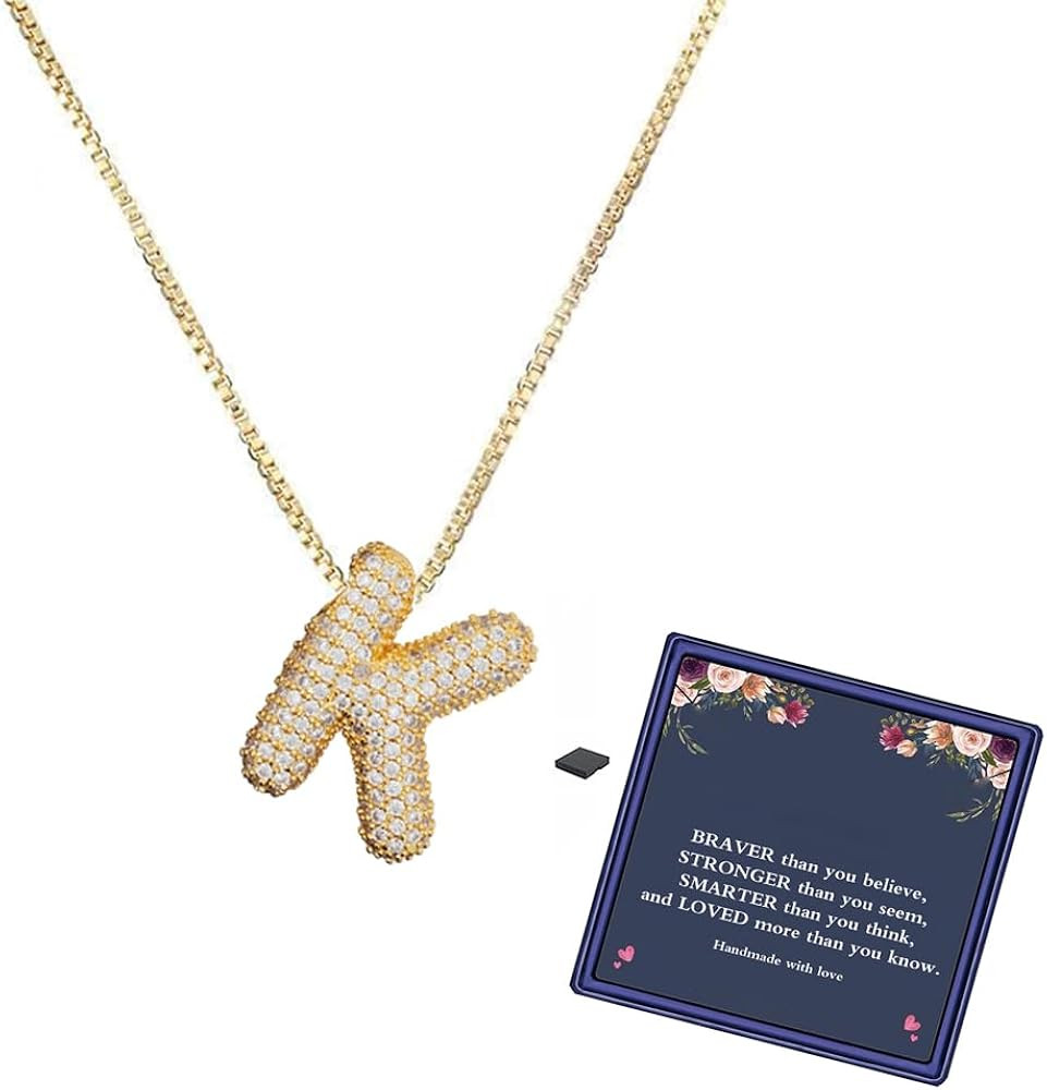 DIOWUS Bubble Letter Necklace Gold for Women，Charm Balloon Initial Letter Pendant Zirconia Inla... | Amazon (US)