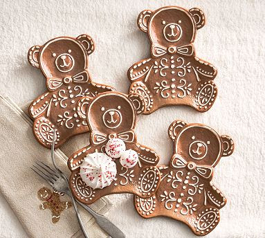 Gingerbread Teddy Bear Stoneware Appetizer Plates - Set of 4 | Pottery Barn (US)