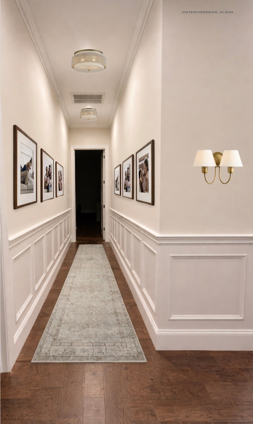 An elevated hallway makes such a difference 🤍
This hallway upgrade features wainscoting, a soft neutral wall color, warm wood floors, and a simple gallery wall to create a space that feels intentional and welcoming. The runner adds warmth and softness while keeping everything practical for everyday life.

Proof that even transitional spaces can feel polished, classic, and thoughtfully designed.

Shop the runner, wall lighting, frames, and hallway decor linked here.
