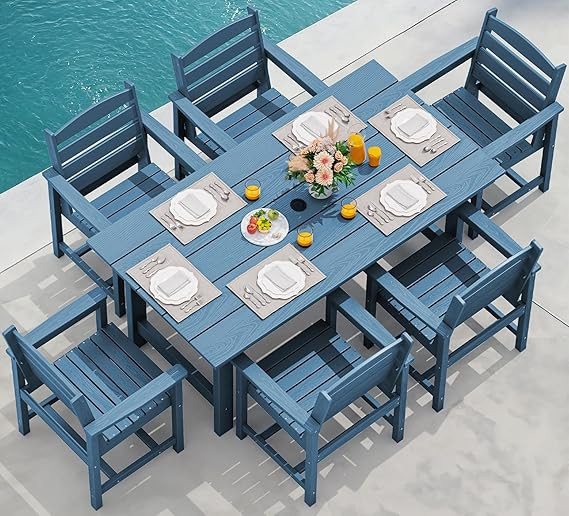 SERWALL 7-Piece Patio Dining Table Sets, Outdoor HDPE Dining Furniture Set with Umbrella Hole Cut... | Amazon (US)
