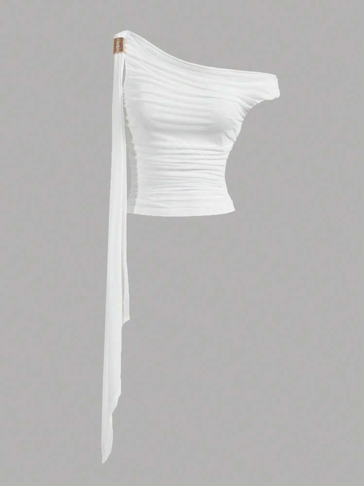 SHEIN MOD Women's White Asymmetric Vintage Metal Decor Ruffle 70s Top, Western Style, Renaissance | SHEIN